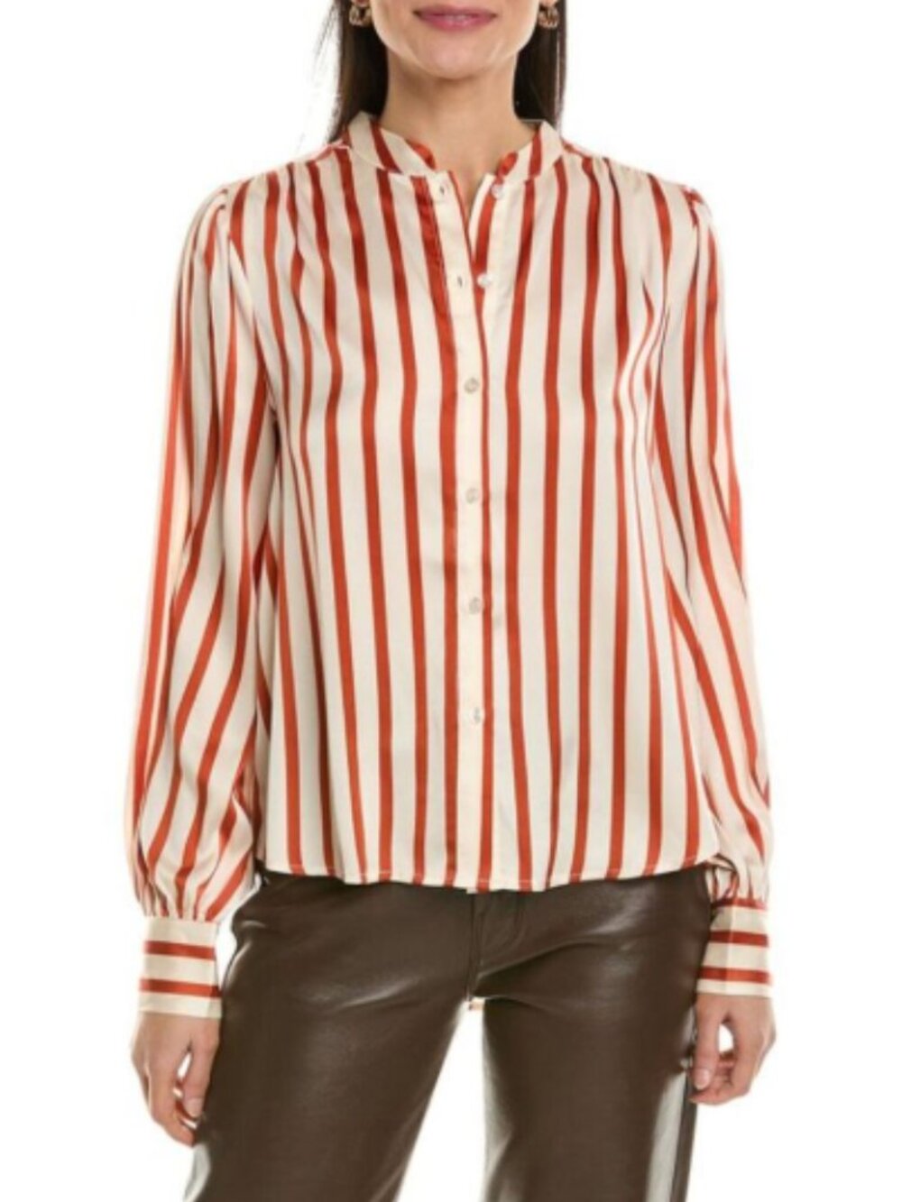 Fate Striped Satin Standing Collar Button-Down Shirt Long Sleeve Size Small